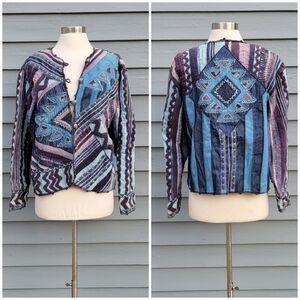 Vintage 90s y2k Denim Blue Purple Knit Crochet Studded Embroidered Jacket Md
